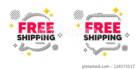 Free shipping chat speech bubble. Social media concept. Free shipping tag. Delivery included sign. Special offer symbol. 3d flare stars chat bubble. Vector 126573517