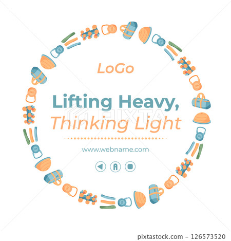 Colorful flat sport equipment banner design. Vibrant gym and workout tools placed in a circular frame. Perfect for training, fitness, and exercise concepts with a simple minimal background design. 126573520