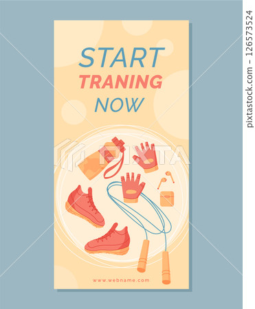 Flat style training banner design with gym equipment and sport tools. Fitness lifestyle equipment including shoes, rope, and gloves. Minimal colorful background, ideal template for workout exercise Flat style training banner design with gym equipment and sport tools. Fitness lifestyle equipment including shoes, rope, and gloves. Minimal colorful background, ideal template for workout exercise 126573524