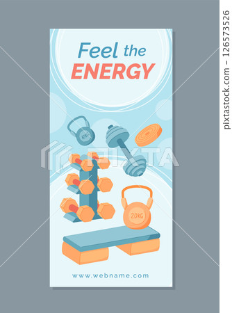 Minimal gym banner with sport equipment and fitness tools. Banner design with dumbbells, kettlebells, and mat for strength workout training. Clean background ideal for fitness flyers, health posters, 126573526