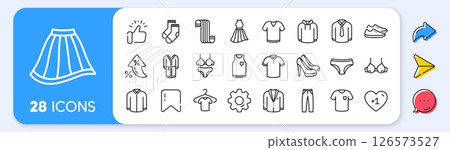 Clothes line icons. Interest rate, AI generate, Inflation icons. T-shirt, Footwear and bathrobe icons. Hoody sweatshirt, T-shirt with hanger and suit. Skirt, Women dress and high heels shoes. Vector 126573527
