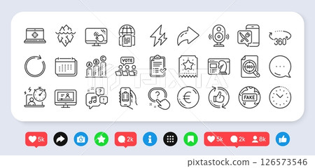 Online video, Internet documents and Seo strategy line icons pack. Social media: share, comment, like icons. Refresh like, Touch screen, Timer web icon. Vector 126573546