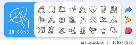 Like, Teamwork and Dont touch line icons. Interest rate, AI generate, Inflation icons. Pack of Yoga, Sick man, Work home icon. Organic tested, Human sing, Headhunting pictogram. Vector 126573556