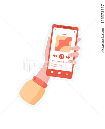 Sticker of hand holding phone. Graphic representation of smartphone in palm. Digital application on screen, mobile media access, potential for social interaction and online engagement. 126573557