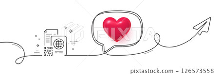 Qr code line icon. Continuous line with share plane. Scan barcode sign. Passport id symbol. 3d heart in speech bubble. Qr code single line ribbon. Loop curve pattern. Vector 126573558