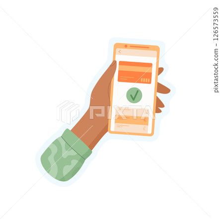 Hand holding smartphone sticker. User interacts with payment app on the screen. Character utilizing mobile technology in a flat style. Ideal for online shopping, business service, and social media 126573559