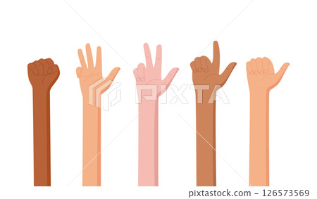 Finger count set in cartoon graphic style shows various numbers. Gesture and bare arm illustrations present different ways to count and are perfect for educational elements. Flat people style suits 126573569