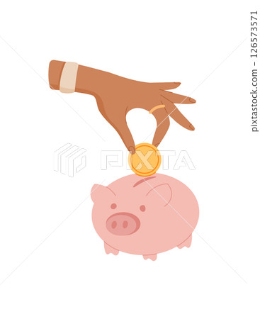 Hand holding coin sticker. Gesture of saving cash. Deposit into piggy bank, flat graphic style, suitable for finance and economy concepts. Perfect for illustrating cash management and saving Hand holding coin sticker. Gesture of saving cash. Deposit into piggy bank, flat graphic style, suitable for finance and economy concepts. Perfect for illustrating cash management and saving 126573571
