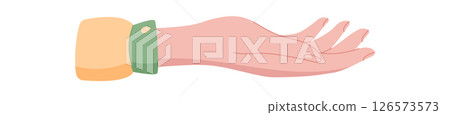 Hand gesture icon. Human character with palm raised. Symbol of peace and donation, flat style, potential usage in charity and humanitarian contexts. Hand gesture icon. Human character with palm raised. Symbol of peace and donation, flat style, potential usage in charity and humanitarian contexts. 126573573