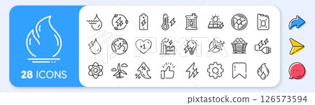 Energy types line icons. Interest rate, AI generate, Inflation icons. Coal Trolley, Solar Panels, Hydroelectric Power icons. Sustainable Electricity, Battery Energy, Fuel canister. Vector 126573594