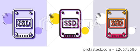 SSD icon. Halftone dotted pattern. Gradient icon with grain shadow. Solid-state drive sign. Storage disk symbol. Line sSD icon. Various designs. Vector 126573596