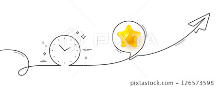 Time management line icon. Continuous line with share plane. Clock sign. Watch symbol. 3d star in speech bubble. Time single line ribbon. Loop curve pattern. Vector Time management line icon. Continuous line with share plane. Clock sign. Watch symbol. 3d star in speech bubble. Time single line ribbon. Loop curve pattern. Vector 126573598