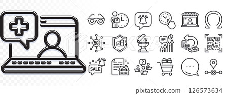 5g technology, Market seller and Omega line icons for web app. Glare of light effect. Message icon. Pack of Love glasses, Qr code, Teamwork question pictogram icons. Vector 126573634