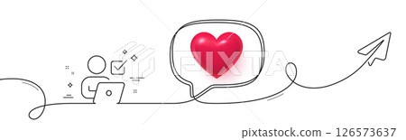 Online Voting line icon. Continuous line with share plane. Internet vote sign. Web election symbol. 3d heart in speech bubble. Online Voting single line ribbon. Loop curve pattern. Vector 126573637