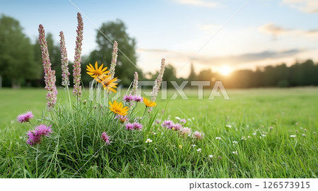 wildflowers on a meadow in sunset 126573915