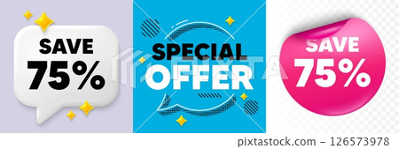 Discount speech bubble. 3d sparkles chat, Paper sticker. Save 75 percent off tag. Sale Discount offer price sign. Special offer symbol. Special offer bubble. Halftone dots pattern. Vector Discount speech bubble. 3d sparkles chat, Paper sticker. Save 75 percent off tag. Sale Discount offer price sign. Special offer symbol. Special offer bubble. Halftone dots pattern. Vector 126573978