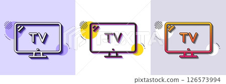 TV line icon. Halftone dotted pattern. Gradient icon with grain shadow. Television sign. Hotel service symbol. Line tv icon. Various designs. Vector 126573994