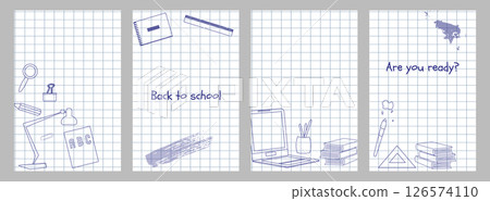 Back to School poster doodle design set. Social Media Template with school textbook book backpack paint. Background banner cover flyer design. Vector illustration. 126574110
