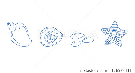 Marine elements doodle style set in blue la dolce vita. Italian style. Undersea world. Menu design of postcard and poster. Vector illustration. Marine elements doodle style set in blue la dolce vita. Italian style. Undersea world. Menu design of postcard and poster. Vector illustration. 126574111