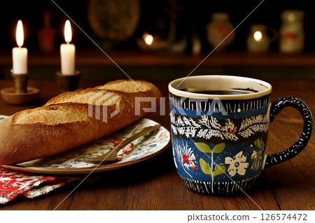 波西米亞杯子和法國麵包 波西米亞杯子和法國麵包 126574472