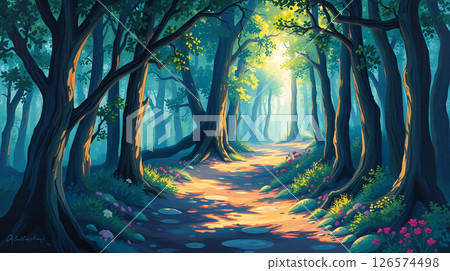 Acrylic forest path, glowing light, soft anime strokes, enchanted vibe, rich textures. 126574498