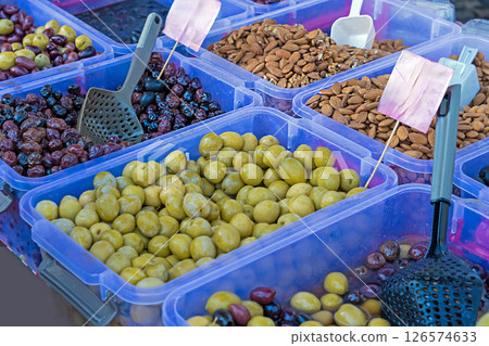 Pickled olives on market 126574633
