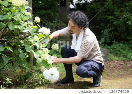 園丁或園丁修剪繡球花的形象 126574969