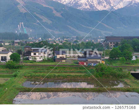 長野縣白馬村，白雪皚皚的白馬三山倒映在稻田中（無人機空拍） 126575168