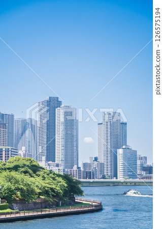 "Tokyo" Hotaluna water bus running on the Sumida River, Chuo Ward 126575194