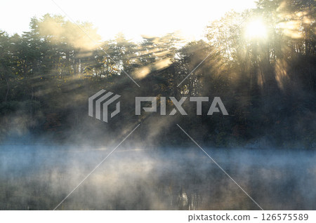 Lake Goshiki-numa, shrouded in morning mist and the morning sun shining through 126575589