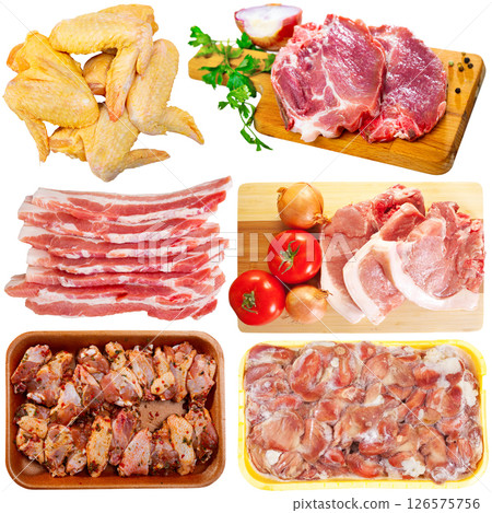 Collection of raw meat products isolated on white 126575756