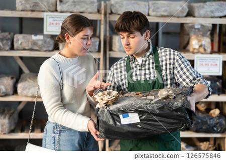Woman and the seller choose mycelium 126575846