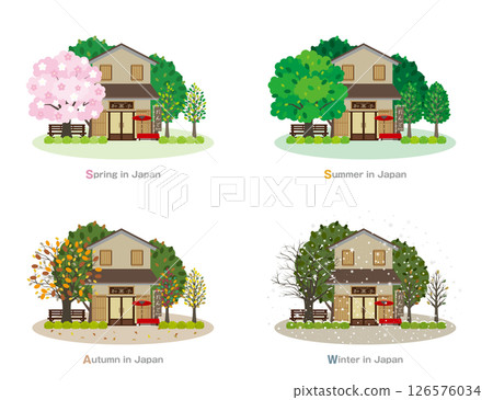 日本城市景觀的插圖。日本的四季。 126576034