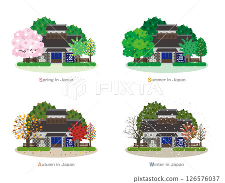 日本城市景觀的插圖。日本的四季。 126576037