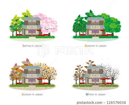 日本城市景觀的插圖。日本的四季。 126576038