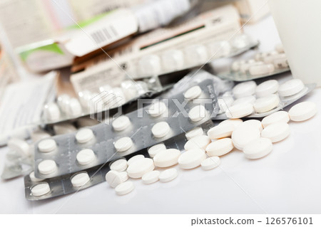 Various pills and medical pills, antibiotics closeup 126576101