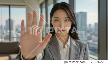 A woman in a suit making a stop gesture indoors A woman in a suit making a stop gesture indoors 126576229