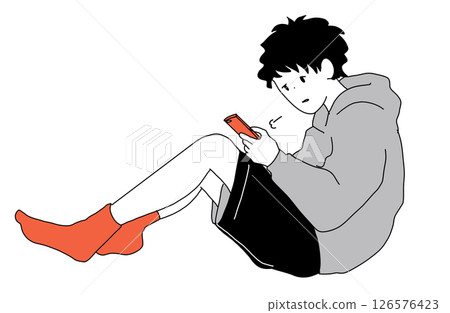 Illustration of a worried man looking at his smartphone 126576423