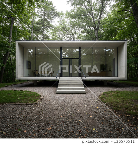 Modern minimalist house with large glass windows, concrete structure, and elevated platform in a wooded area 126576511