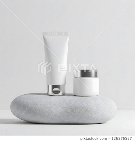 Blank white cosmetic tube and jar with silver caps resting on a smooth grey stone against a white background 126576557