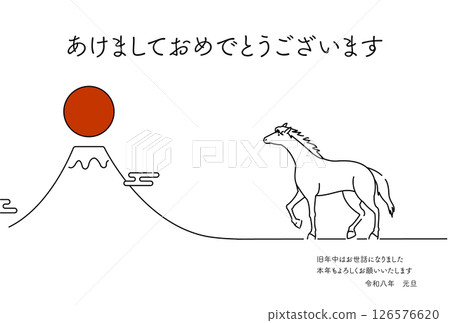 2026 年馬年的一張簡單新年賀卡,上面有一匹行走的馬、富士山和第一縷日出 2026 年馬年的一張簡單新年賀卡,上面有一匹行走的馬、富士山和第一縷日出 126576620