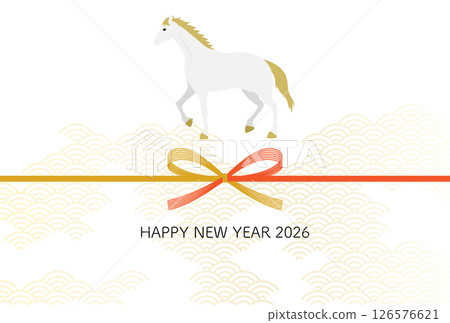 A simple New Year's card for the Year of the Horse 2026, with a Japanese pattern background of a white horse and mizuhiki A simple New Year's card for the Year of the Horse 2026, with a Japanese pattern background of a white horse and mizuhiki 126576621