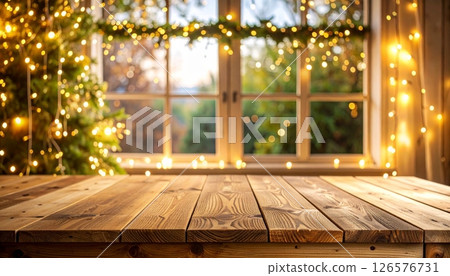 Sunset view of Riga city with a blue sky and illuminated architecture by the water 126576731