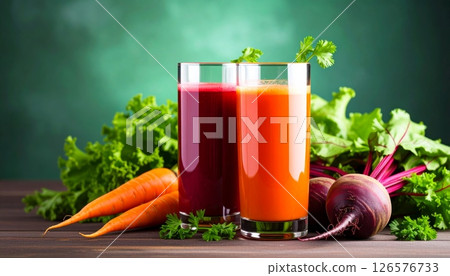 Fresh organic carrot and fruit juice in a glass, a healthy vegetarian breakfast drink Fresh organic carrot and fruit juice in a glass, a healthy vegetarian breakfast drink 126576733