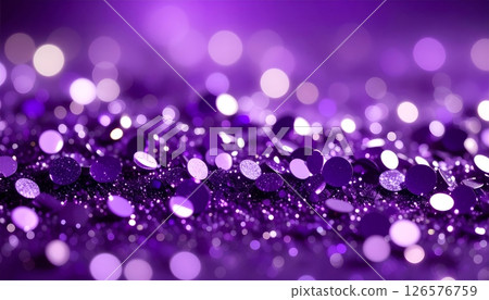 Bright glowing purple and pink Christmas bokeh circles sparkle on an abstract, festive holiday background 126576759