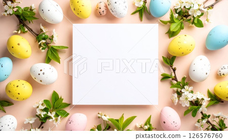 Elegant Easter holiday card with eggs, grass, and festive floral decoration 126576760