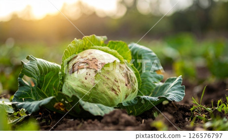 Fresh organic cabbage plants with healthy green leaves growing in the garden Fresh organic cabbage plants with healthy green leaves growing in the garden 126576797