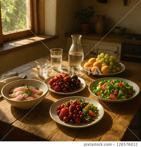 A wooden table set with plates of fresh food including berries, salad, and fish slices, glasses of water, lit by sunlight from a window 126576812