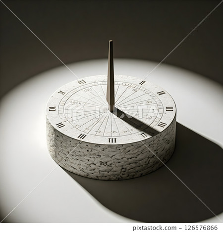 A stone sundial with Roman numerals stands in a spotlight, its shadow indicating the time. A classic timekeeping device A stone sundial with Roman numerals stands in a spotlight, its shadow indicating the time. A classic timekeeping device 126576866