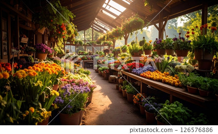 Fresh green and red fruit and vegetables at a healthy market buffet Fresh green and red fruit and vegetables at a healthy market buffet 126576886